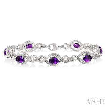 7x5 MM Oval Cut Amethyst and 1/10 Ctw Round Cut Diamond Semi-Precious Bracelet in Sterling Silver